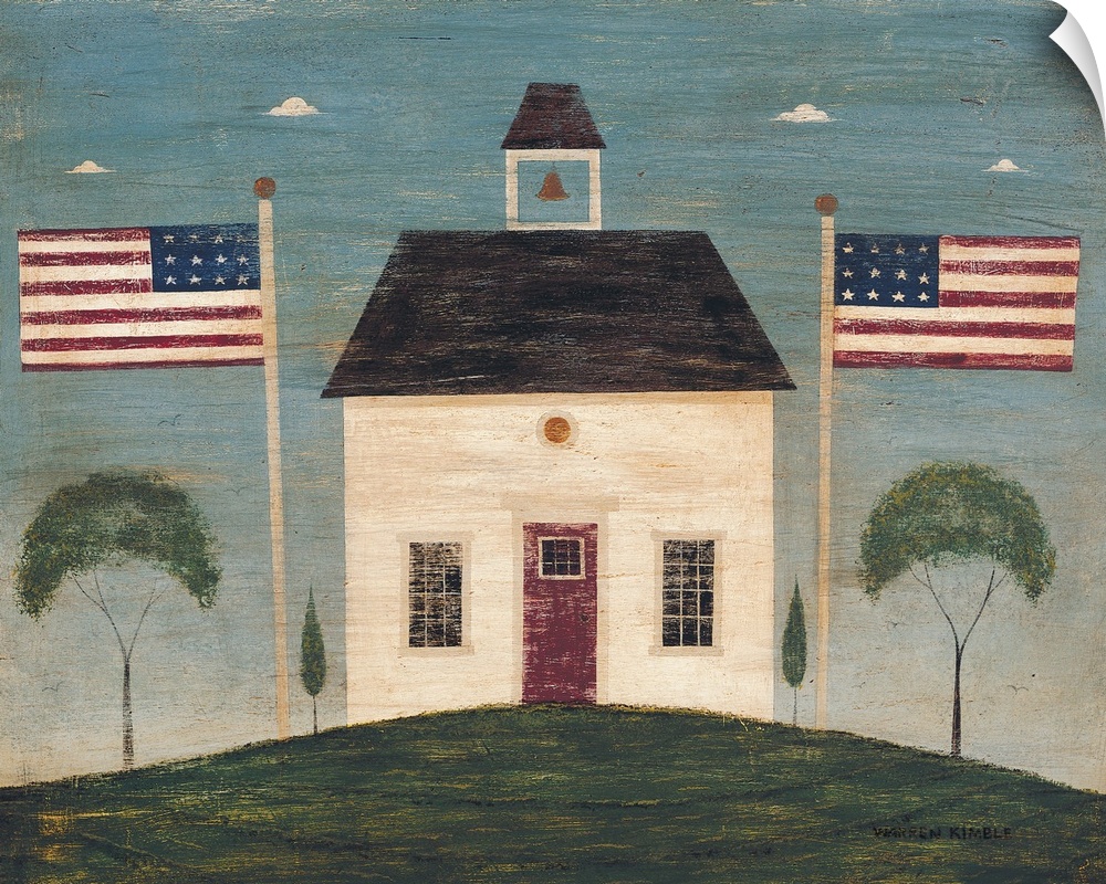Landscape folk art on a large wall hanging of a small school house on a hill, a mirror image on each side of two American ...