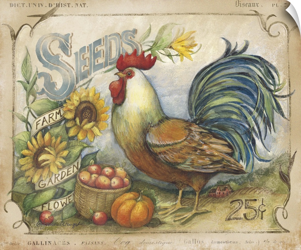 Vintage rooster treatment offers sophisticated country style.