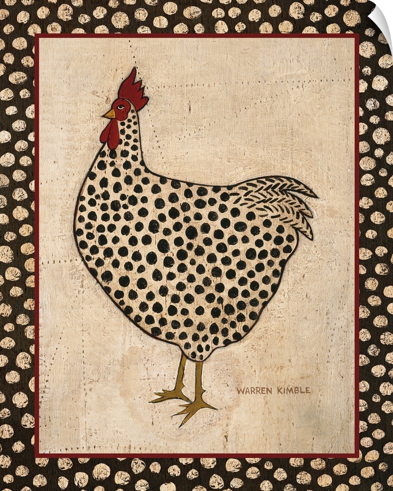 Big illustration depicts a dotted fowl standing within a rectangular framed bare background.  Artist sets frame against an...