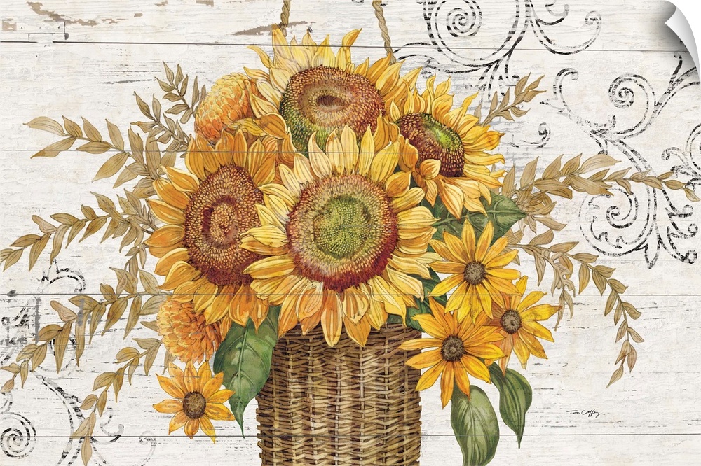 A rustic basket overflowing with sunflowers