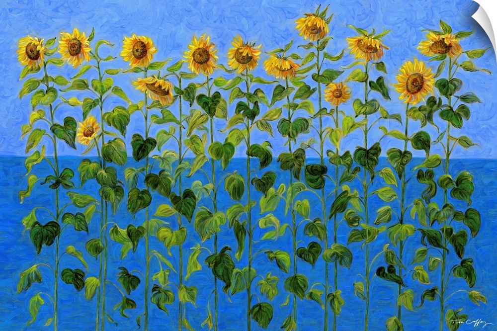 Contemporary, naturalistic sunflowers create bold color and form story
