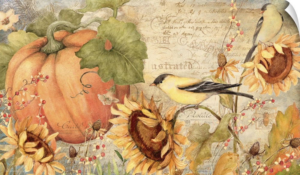 Goldfinches, pumpkins and sunflowers make a stunning harvest montage!