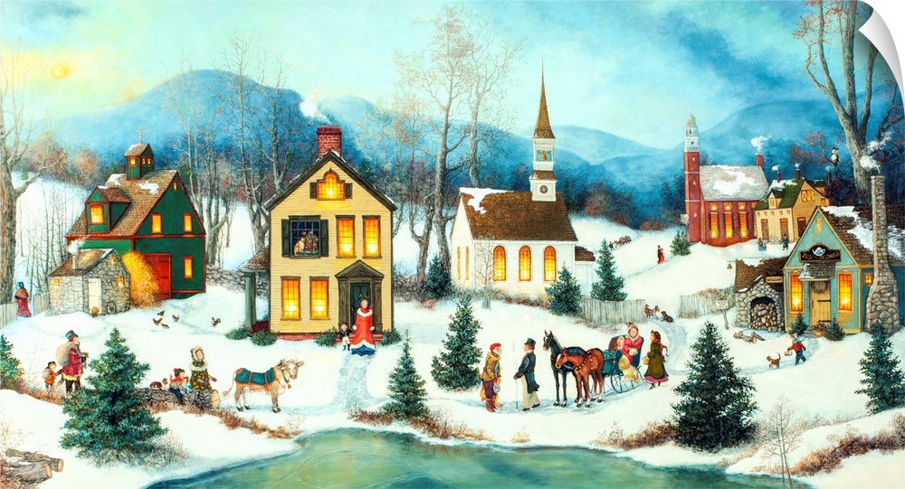 A contemporary painting of a countryside village scene at Christmas.
