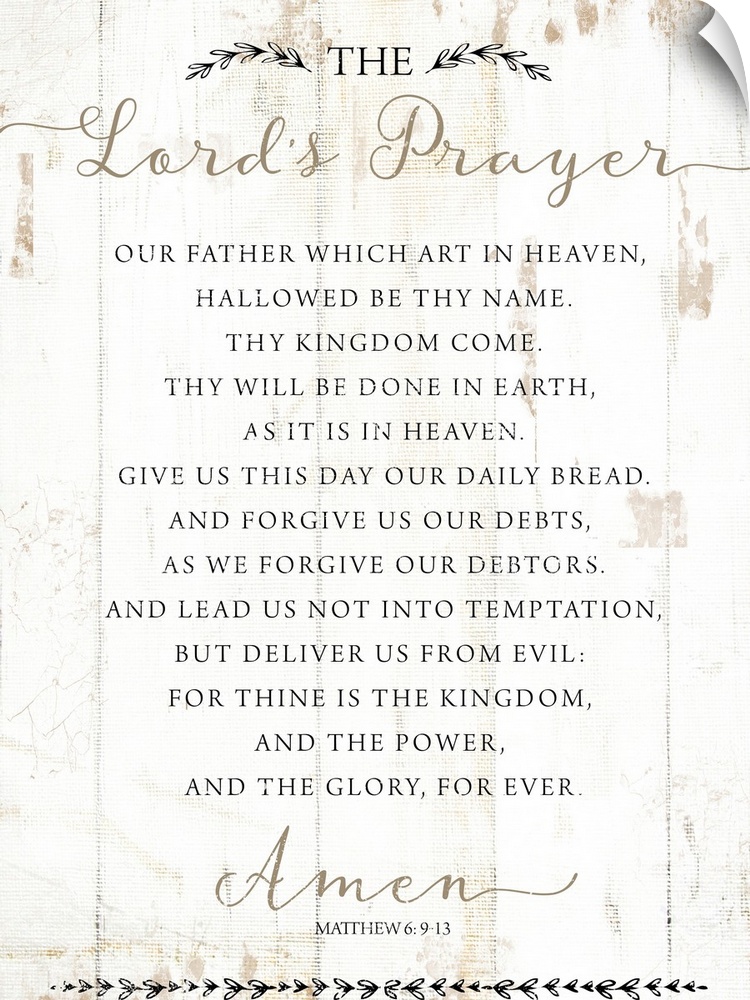 The Lord's Prayer on a white shiplap wood background.