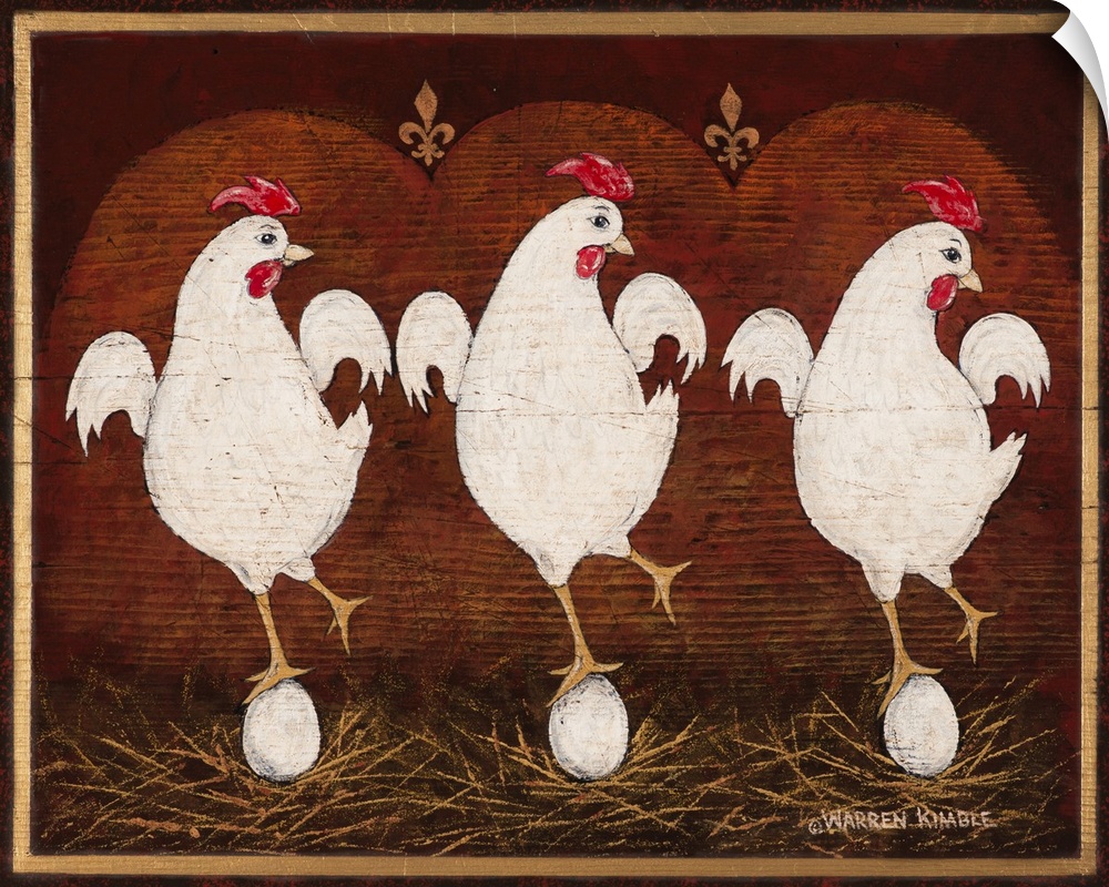 Charming Americana / Folk Art image by renowned artist Warren Kimble depicting three hens balancing on top of their newly-...
