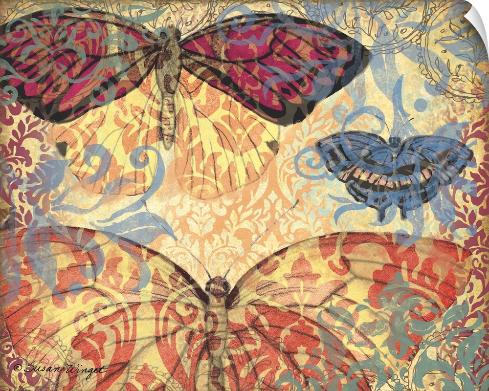 Three Butterflies With Ornate Wings On Decorative Background