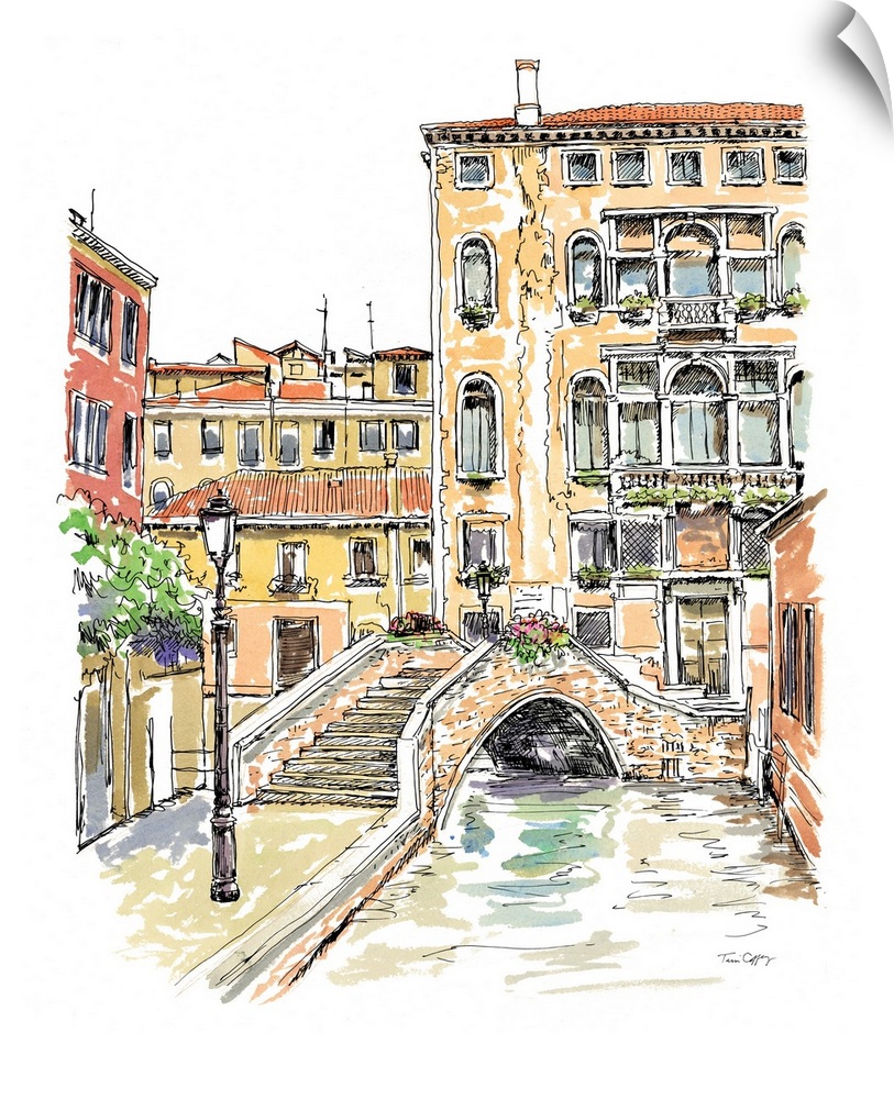 A lovely pen and ink depiction of a Venetian bridge and canal.