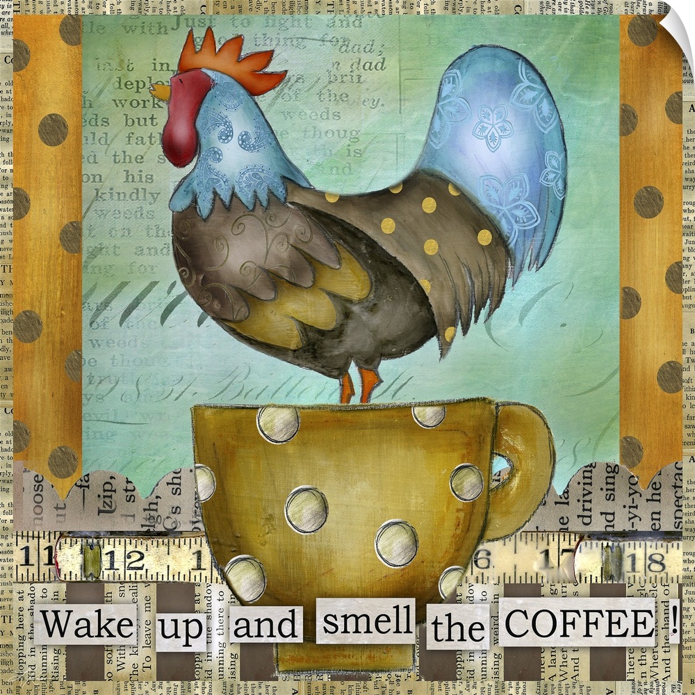 Large landscape home art docor of a colorful rooster with patterns in its feathers, standing in a large coffee cup, the ba...
