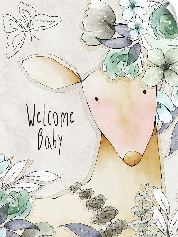 This gently rendered watercolor animal design adds a soft gender-neurtal touch to baby decor.