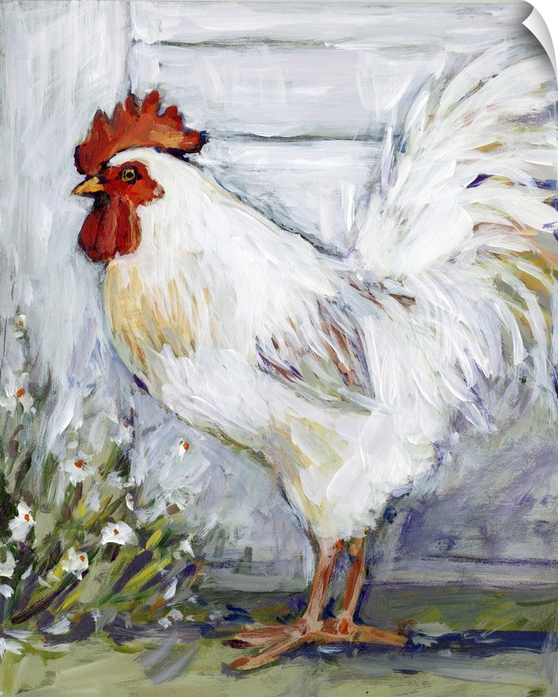 This white rooster struts his stuff in this bold abstract farm scene.