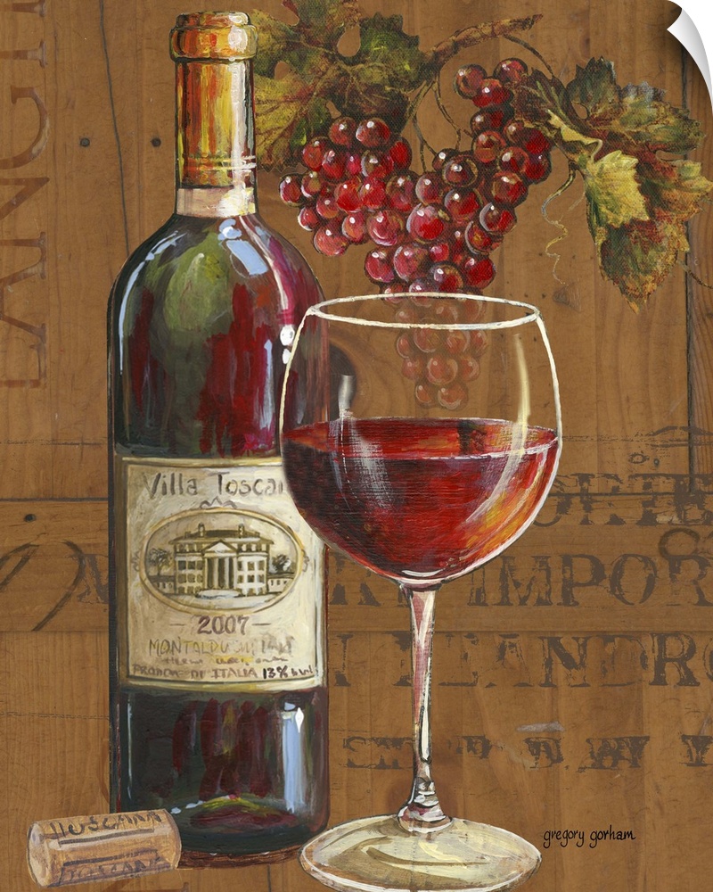 Classic wine motif adds an oaken touch to a dining room kitchen or study.