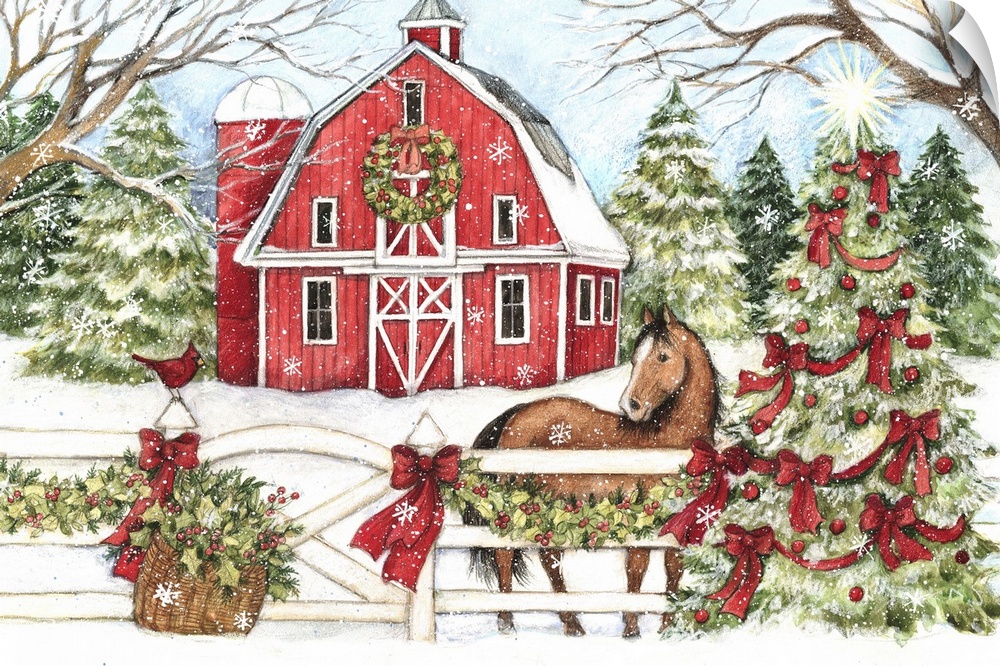 This winter barn scene with horse evokes a country Christmas.