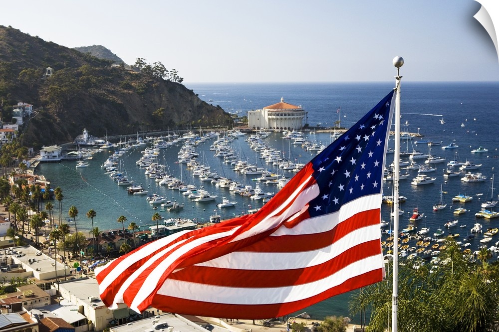USA, Catalina Island. This is the famous spot to photograph Avalon harbor. A house displays its patriotism.