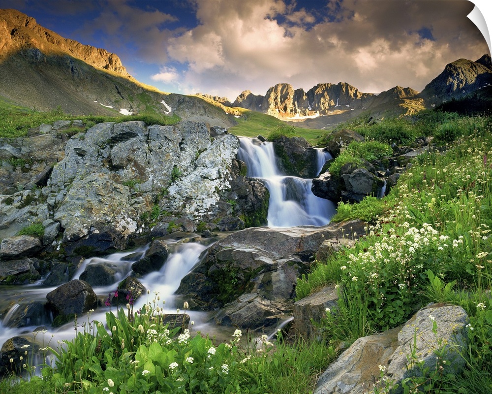 A spring cascade with white wildflowers in American basin in the Colorado Rocky Mountains.
