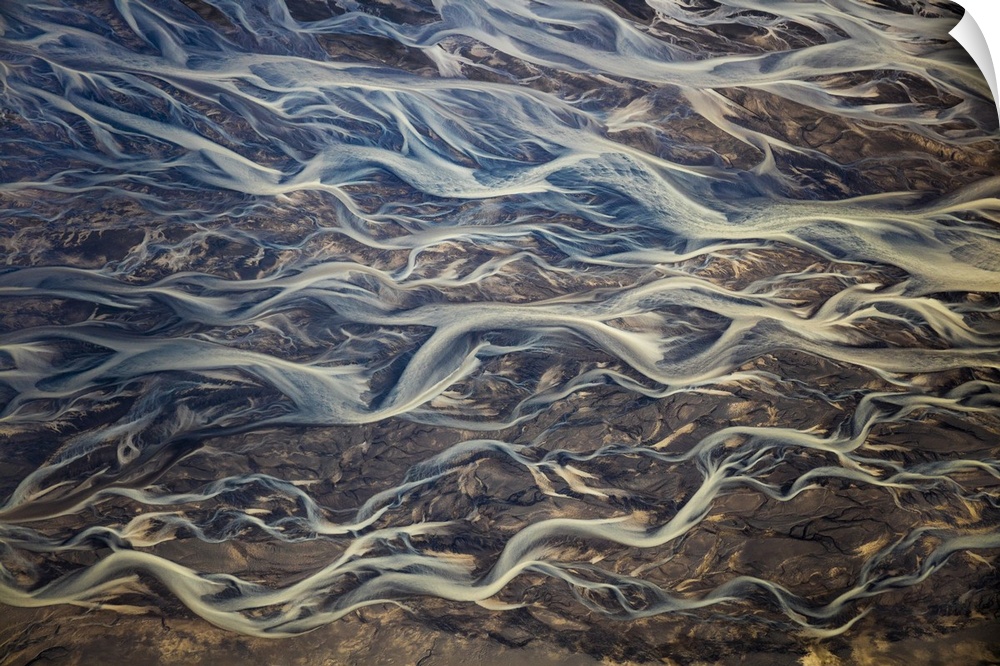 Aerial of braided rivers, Iceland.