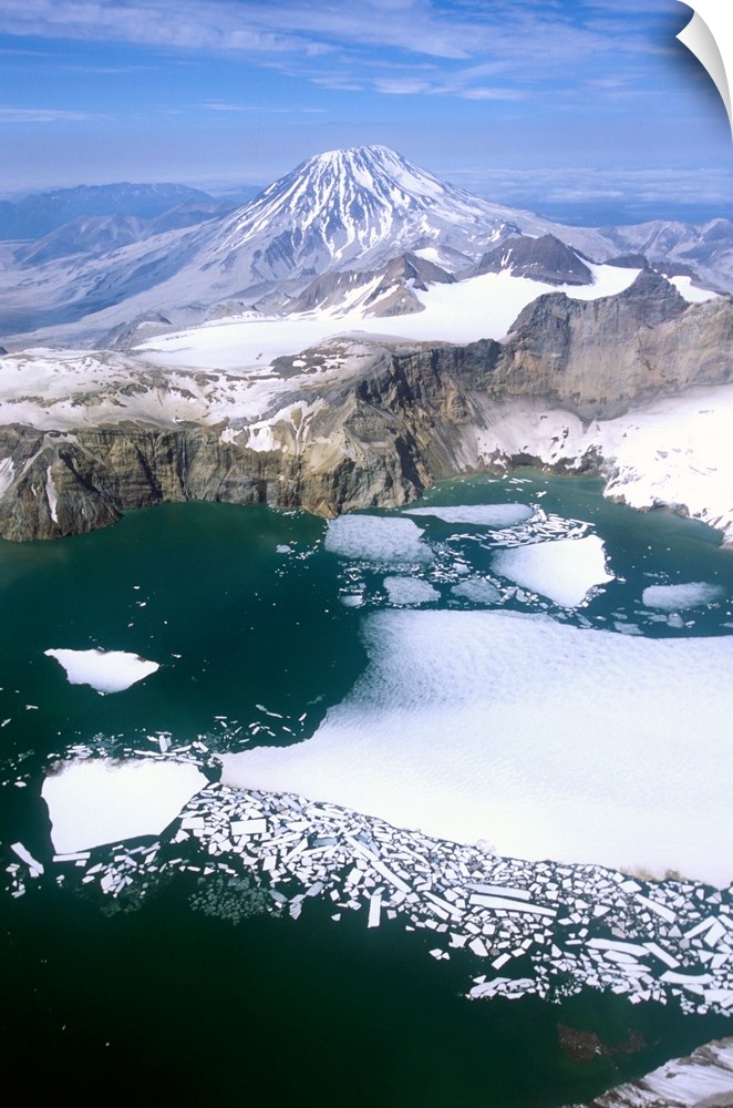 North America, USA, Alaska, Katmai National Park. Aerial view of Mount Griggs towering behind the caldera of Mount Katmai.