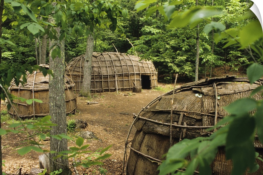 Algonquin Indian village traditionally was made of bark covered dwellings such as wigwams and longhouse in the Northeast w...