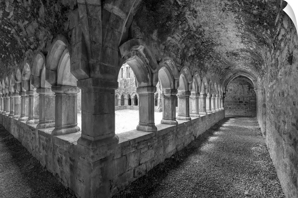Ancient cloisters at Moyne Abbey, County Mayo, Ireland.