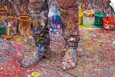 Argentina, Buenos Aires, Colorful Paint Spatters On Artist's Boots
