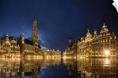 Belgium, Brussels, Grand Place Main Square Lit At Twilight
