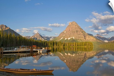 Boats and kayak along Two Medicine Lake in Glacier National Park in Montana