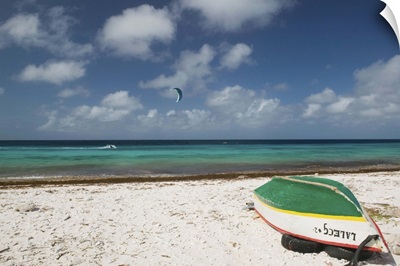 Bonaire, Pink Beach, Beach View with Fishing Boat and Kite Surfer