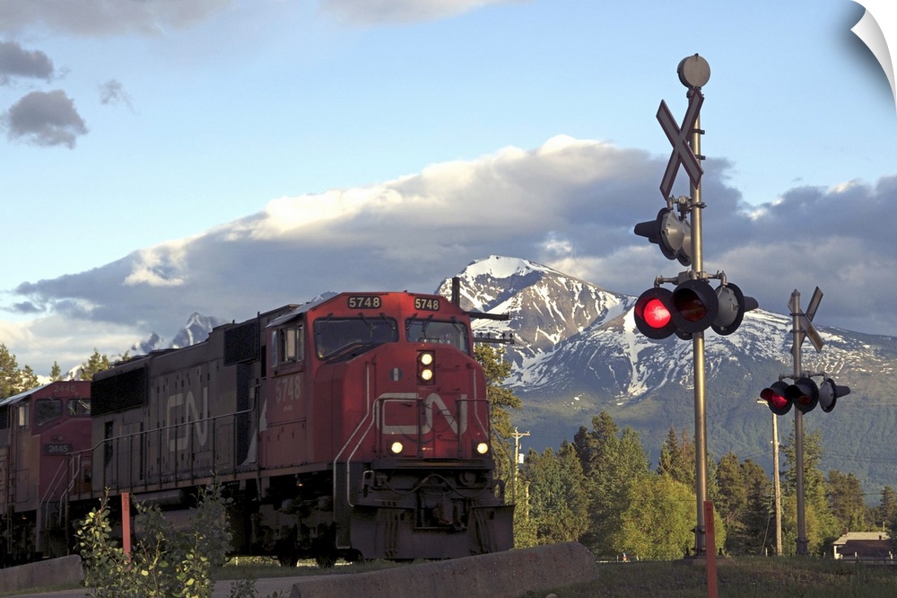 Canada:  British Columbia, Valemount, train tracks and light in front of Canoe Mountain