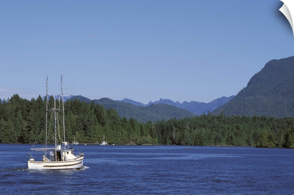 Canada, British Columbia, Vancouver Island.Fishing boat from Tofino harbor into Clayoquot Sound