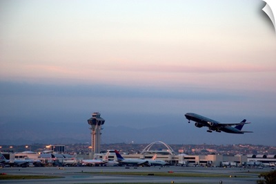 California, Los Angeles, Boeing 767 airplane taking off at LAX International
