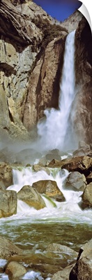 California, Yosemite Falls pounds the rocks at its base in Yosemite National Park