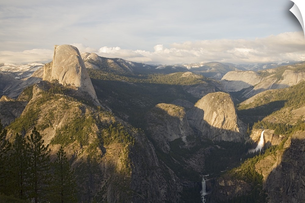 California, Yosemite National Park, Yosemite Valley with Half Dome and Nevada Falls and Vernal Falls from Glacier Point vi...