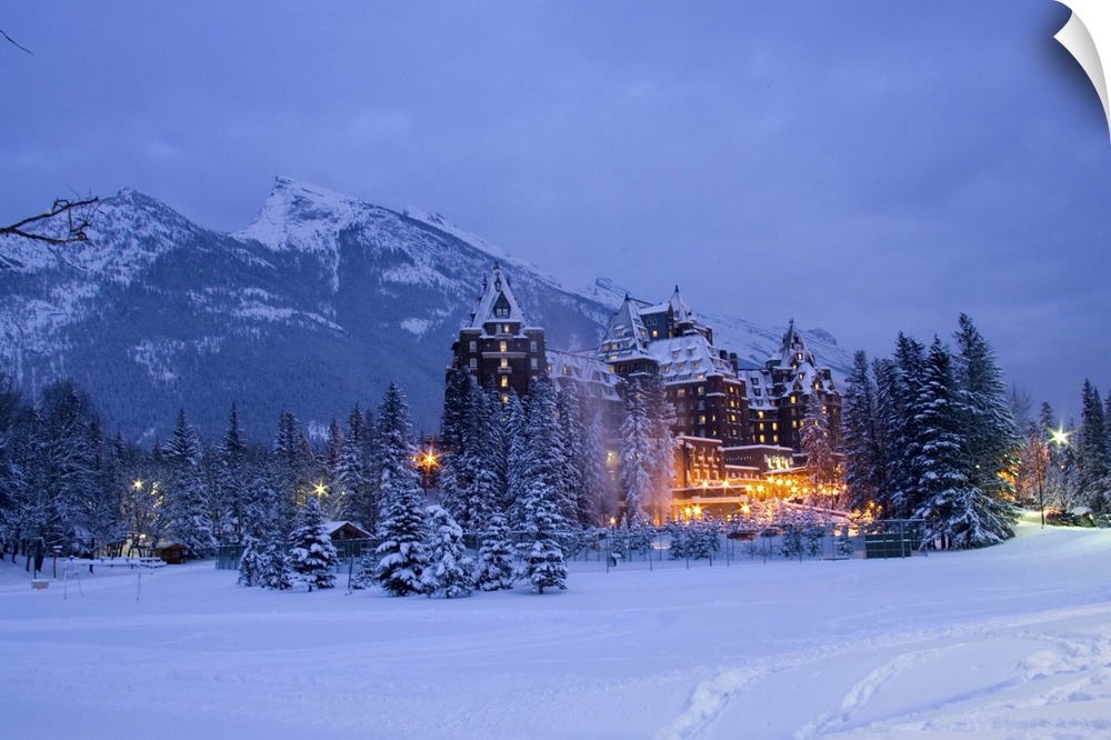 Banff Springs Hotel in snowy evening light.  Banff, Canada