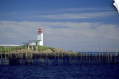 Canada, New Brunswick, Bliss Harbor, Bliss Point Light with fish weirs
