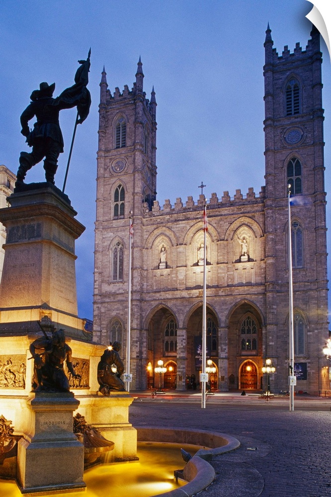 Canada, Quebec, Montreal, Place d'Armes Square, Notre-Dame Basilica and Maisonneuve Monument of sculptor Louis-Philippe H....