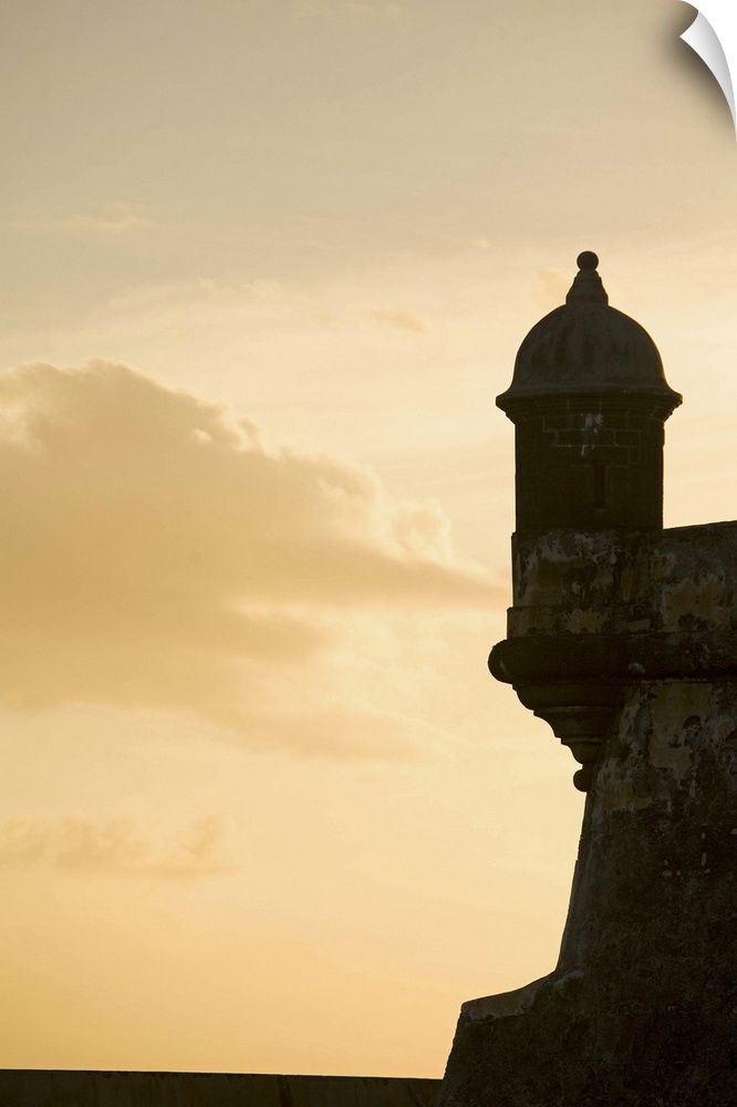 Caribbean, Puerto Rico, Old San Juan.  El Morro Fort (San Felipe del Morro Fortress), built 1540-1783.  Turret  and clouds...