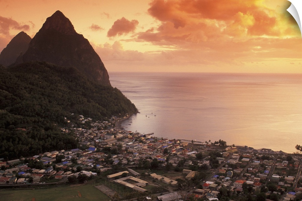 Caribbean, St. Lucia, Soufriere. Sunset view of the Pitons and Soufriere from the NE