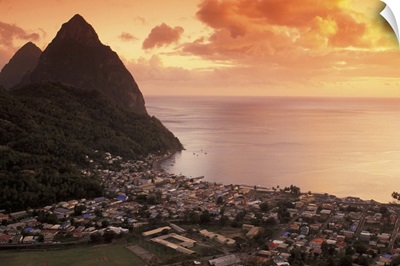 Caribbean, St. Lucia, Soufriere, Sunset view of the Pitons and Soufriere