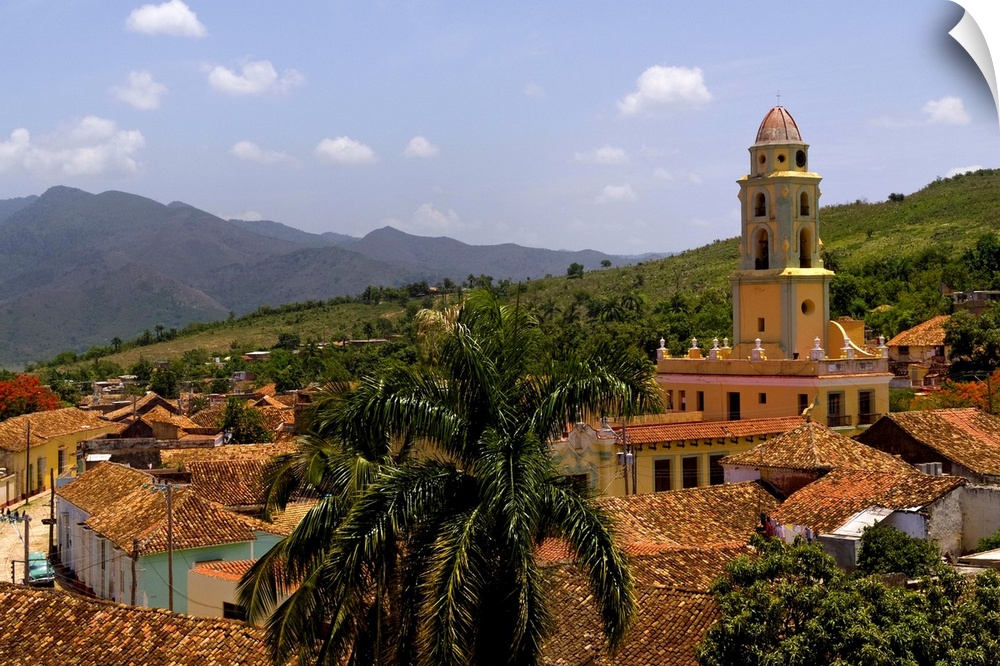 Beautiful aerial scenic of skyline taken from church steeple of the old colonial city of Trinidad in Cuba