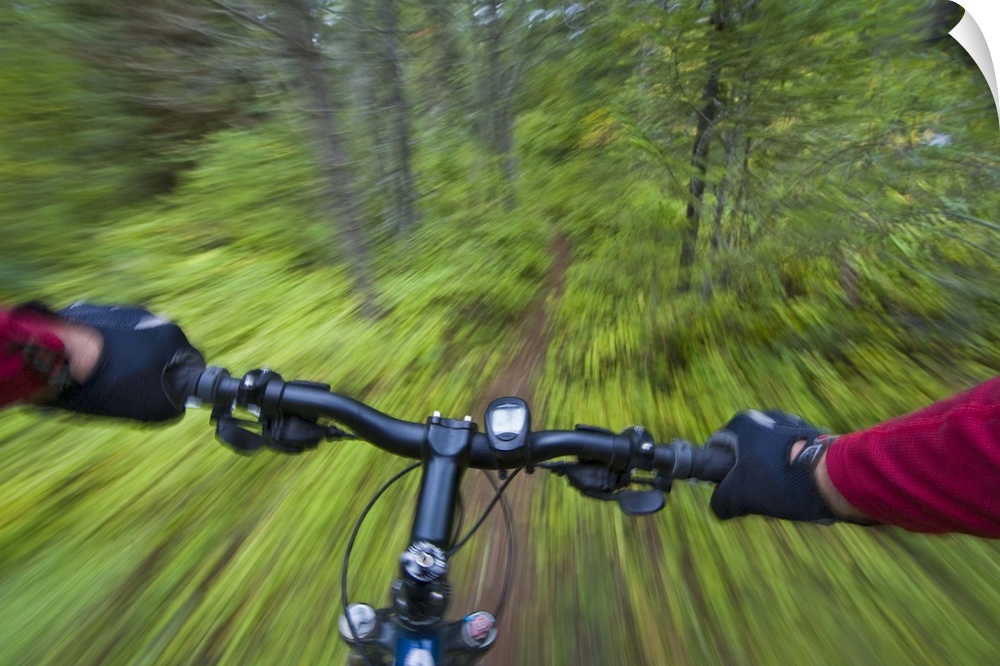 Cruising down a buff section of singletrack trail from the riders perspective near West Glacier Montana
