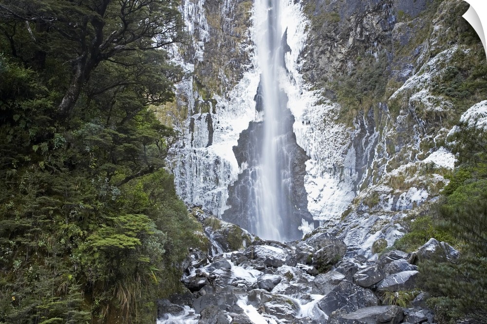 Devils Punchbowl Falls, Frozen in Winter, Arthur's Pass, Canterbury, South Island, New Zealand