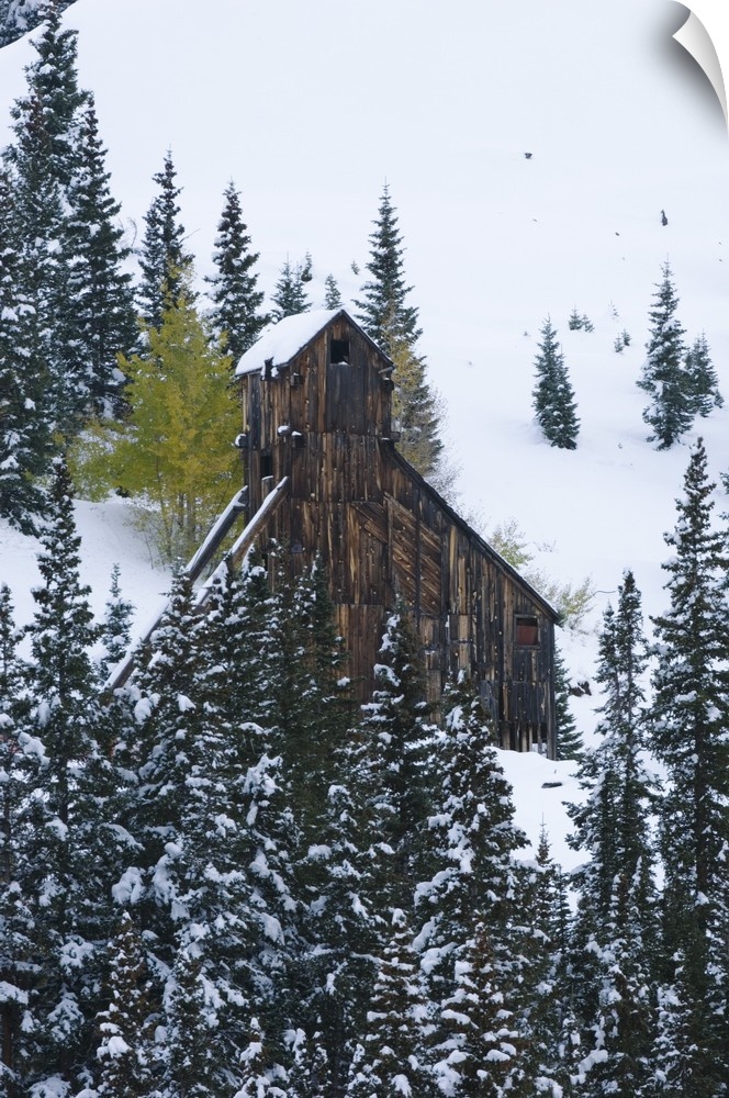 Early Snow and Mining Buildings, Red Mountain Pass, Ouray, Rocky Mountains, Colorado, USA, September 2006
