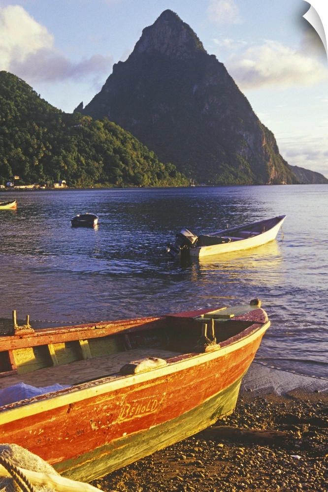 Fishing boats and Petit Piton, Souffriere, St Lucia, Caribbean
