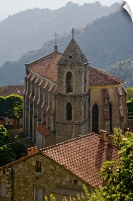 France, Corsica, Church And House In Mountain Village Of Zicavo