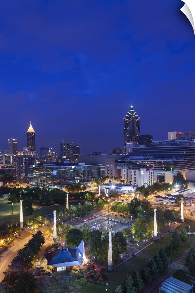 Georgia, Atlanta, Centennial Olympic Park, elevated city view, dusk.