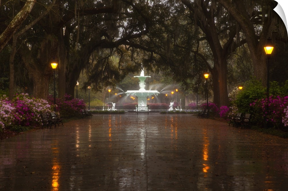 USA, Georgia, Savannah, Forsyth Park Fountain with spring azaleas.