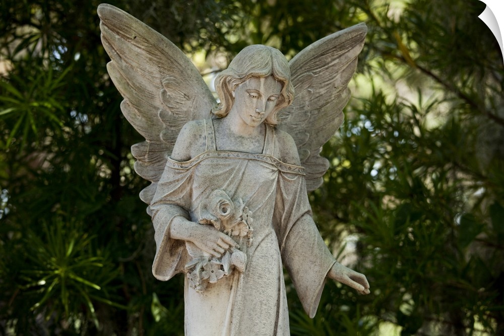 USA, Georgia, Savannah, Graveyard statue of angel in shady grove inside Bonaventure Cemetery on summer morning.