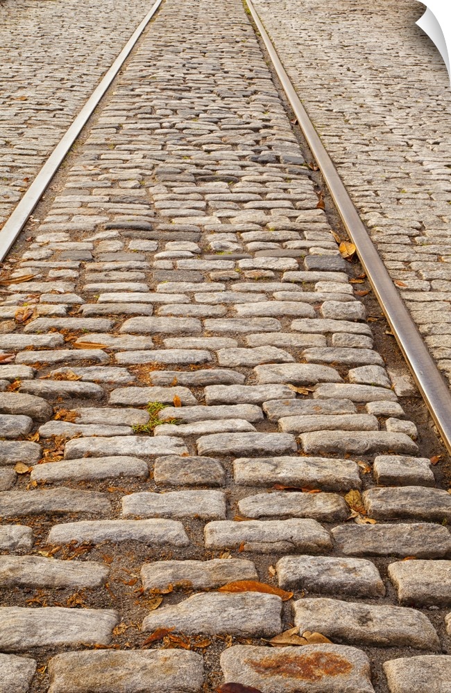 USA, Georgia, Savannah, Old railroad tracks and cobble stones along River Street.