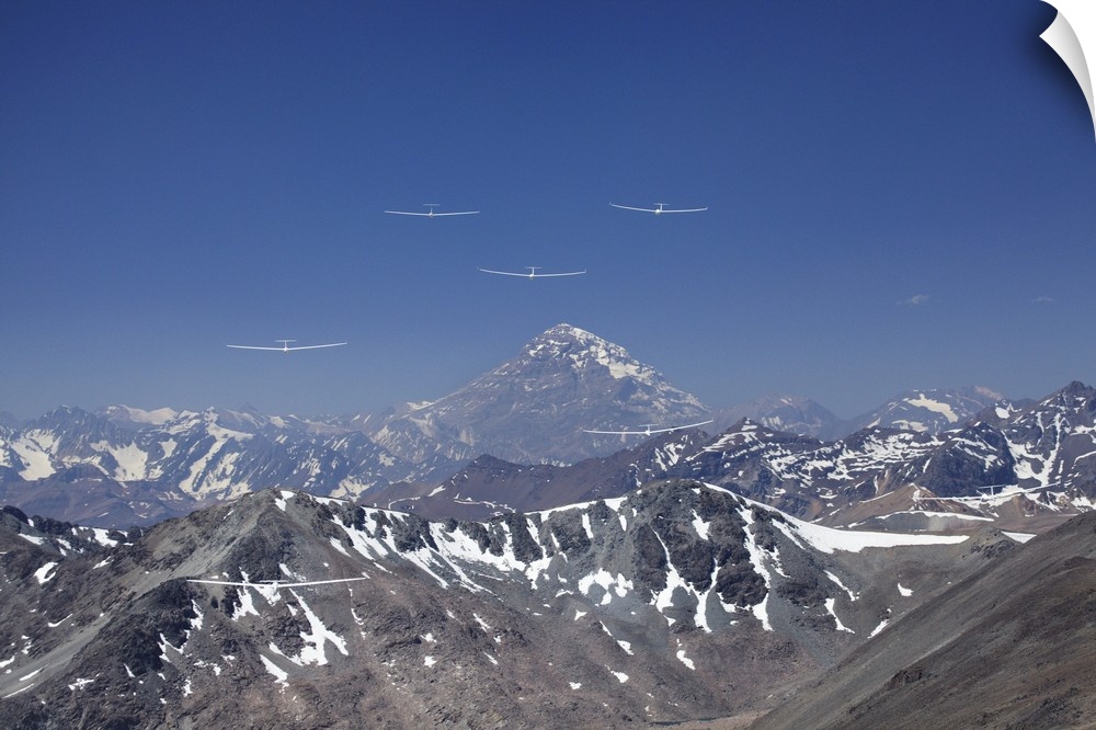 Gliders Racing in FAI World Sailplane Grand Prix, Andes Mountains, Chile, (and at right Aconcagua 6,962 m - 22,841 ft, Arg...
