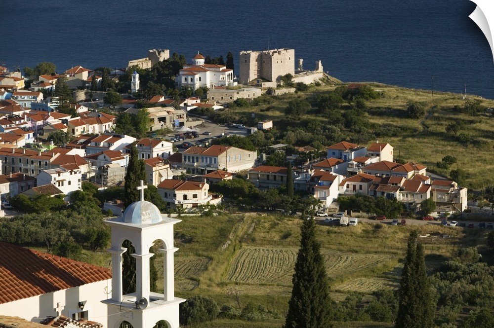 GREECE-Northeastern Aegean Islands-SAMOS-Pythagorio: Town View with Belltower of the Moni Panagias Spillanis (monastery of...