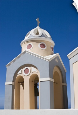 Greece, Santorini, Peach And Grey Church Bell Tower Against Clear Blue Sky